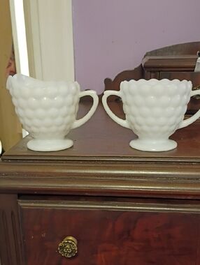 Vintage White Hobnail Milk Glass Creamer and Sugar Set By Anchor Hocking